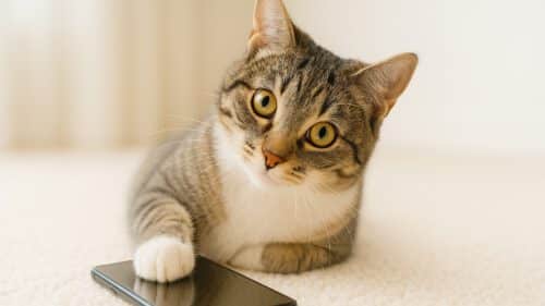 hm-tierversicherung - Katze hält Pfote auf Handy.