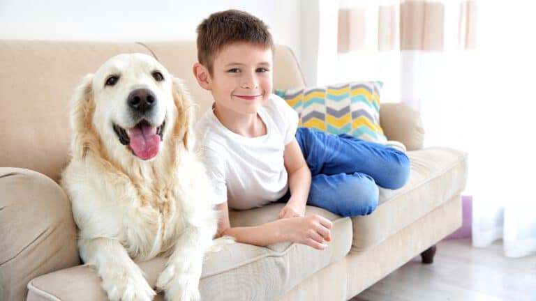 Hund und Kind liegen gemeinsam glücklich auf der Couch.