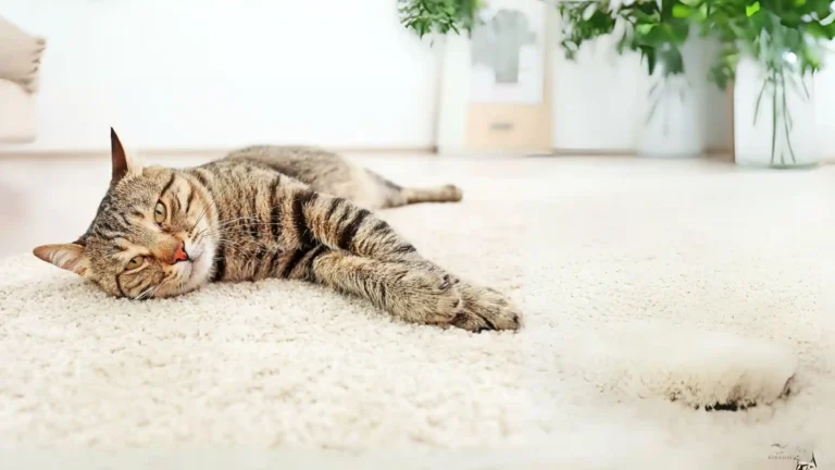 Katze liegt auf Teppich und streckt sich.