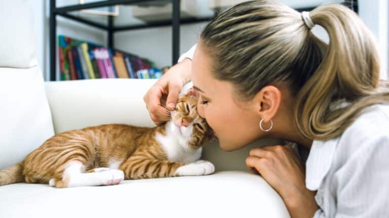 Frau schmust mit Katze