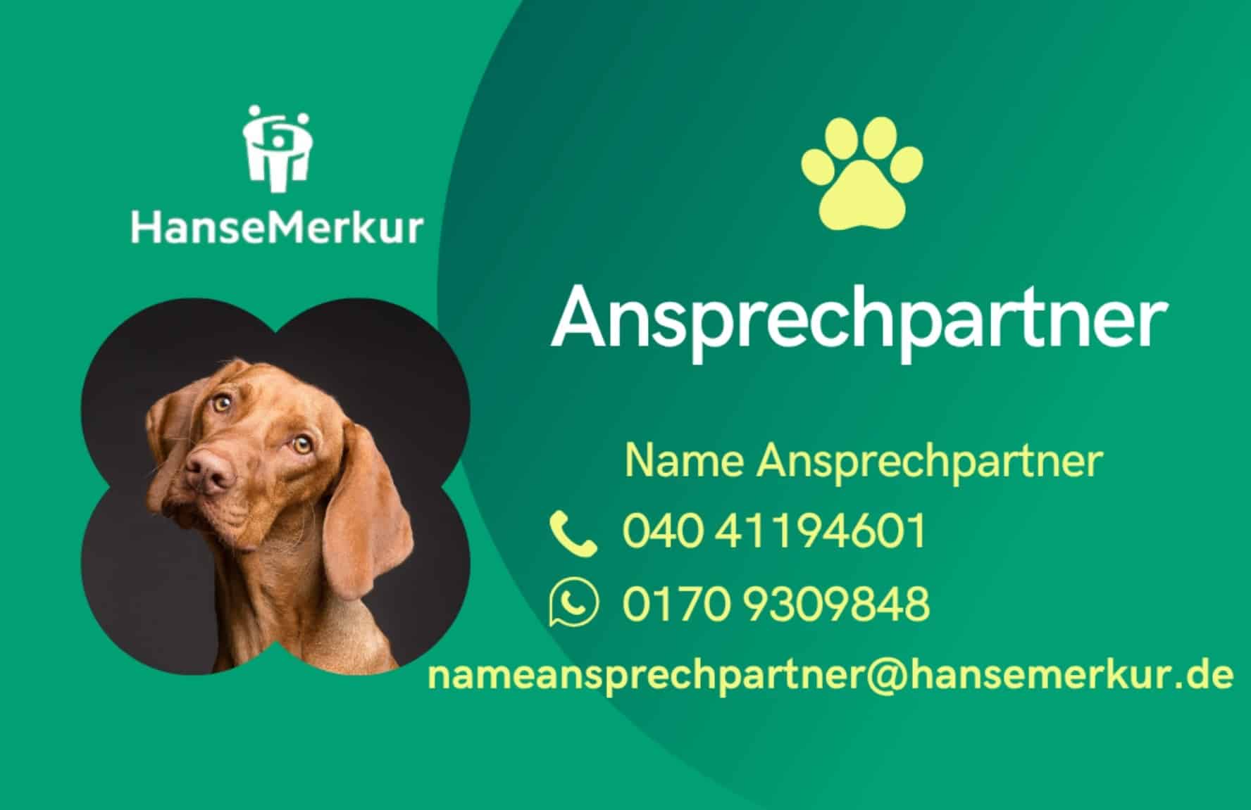 Service-Card mit Hund und Kontaktdaten der HanseMerkur