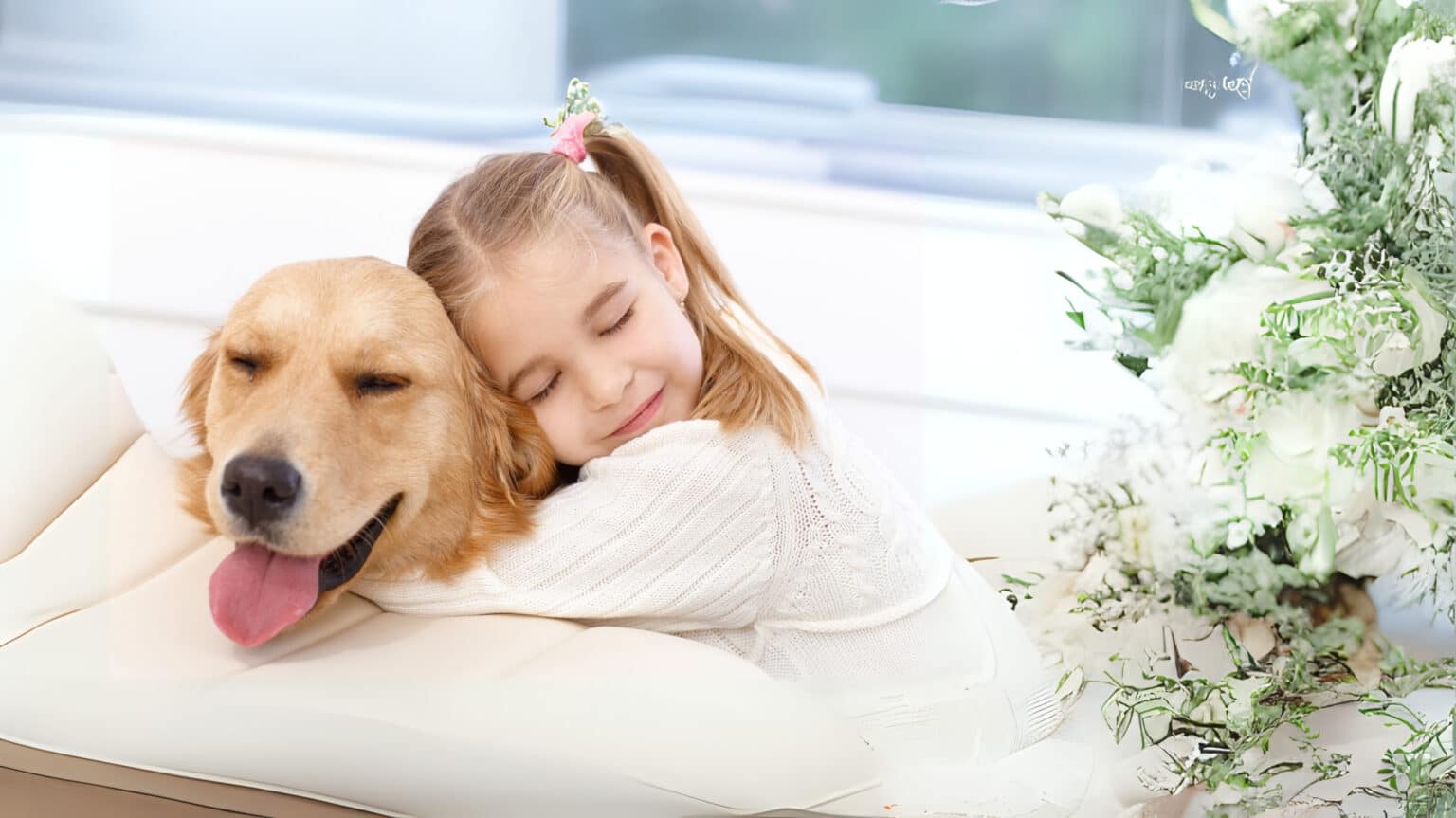 Geschützt durch Hunde-OP Versicherung - Kind drückt entspannten Hund an sich – HanseMerkur Hunde-OP Versicherung