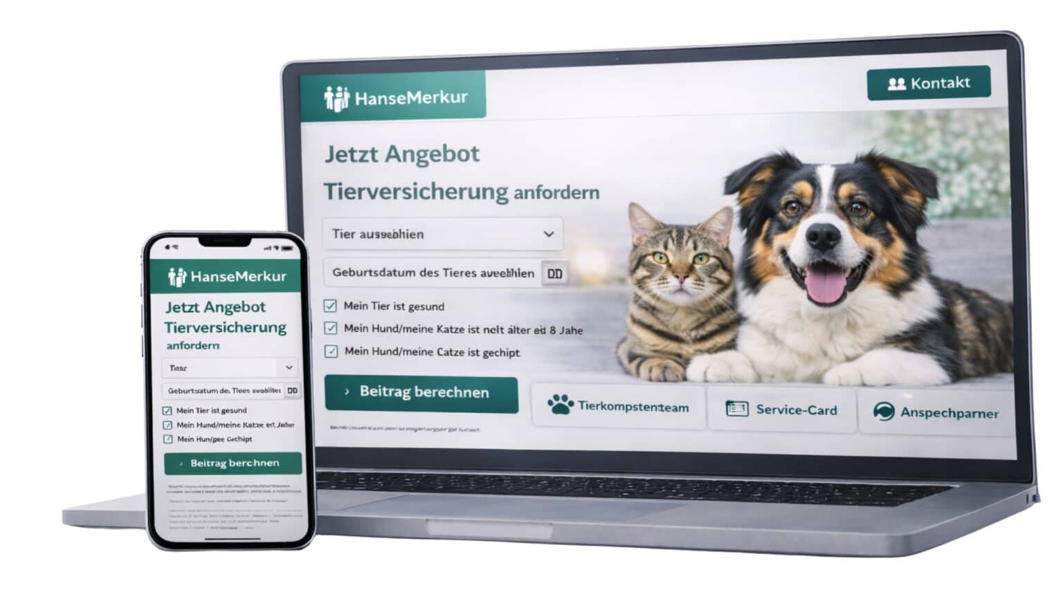 Tier­versicherung Angebot anfordern – Online-Formular für Hund und Katze auf Laptop und Smartphone auf hm-tierversicherung.de