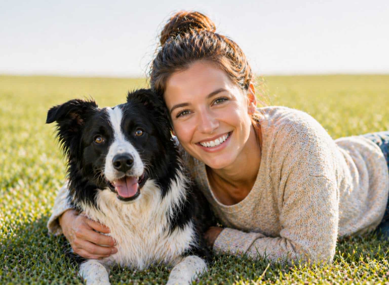 HanseMerkur Hundeversicherung mit Border Collie und Hundehalterin auf Wiese – OP-Schutz, Hundekrankenversicherung und Hundehaftpflicht vergleichen auf hm-tierversicherung.de