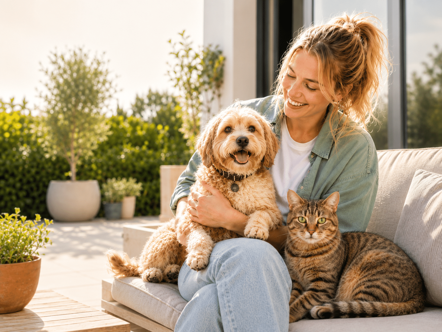 Frau mit Hund und Katze auf einer hellen Terrasse