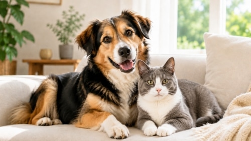 Hund und Katze sitzen gemeinsam auf einem Sofa im hellen Wohnzimmer