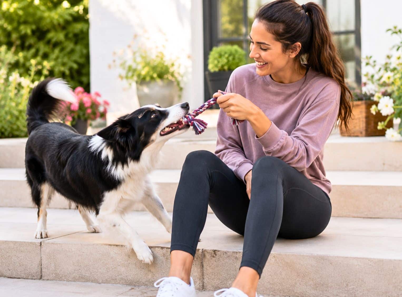 Frau spielt mit Hund auf Terrasse – HanseMerkur Hunde-OP Versicherung über HM Tierversicherung