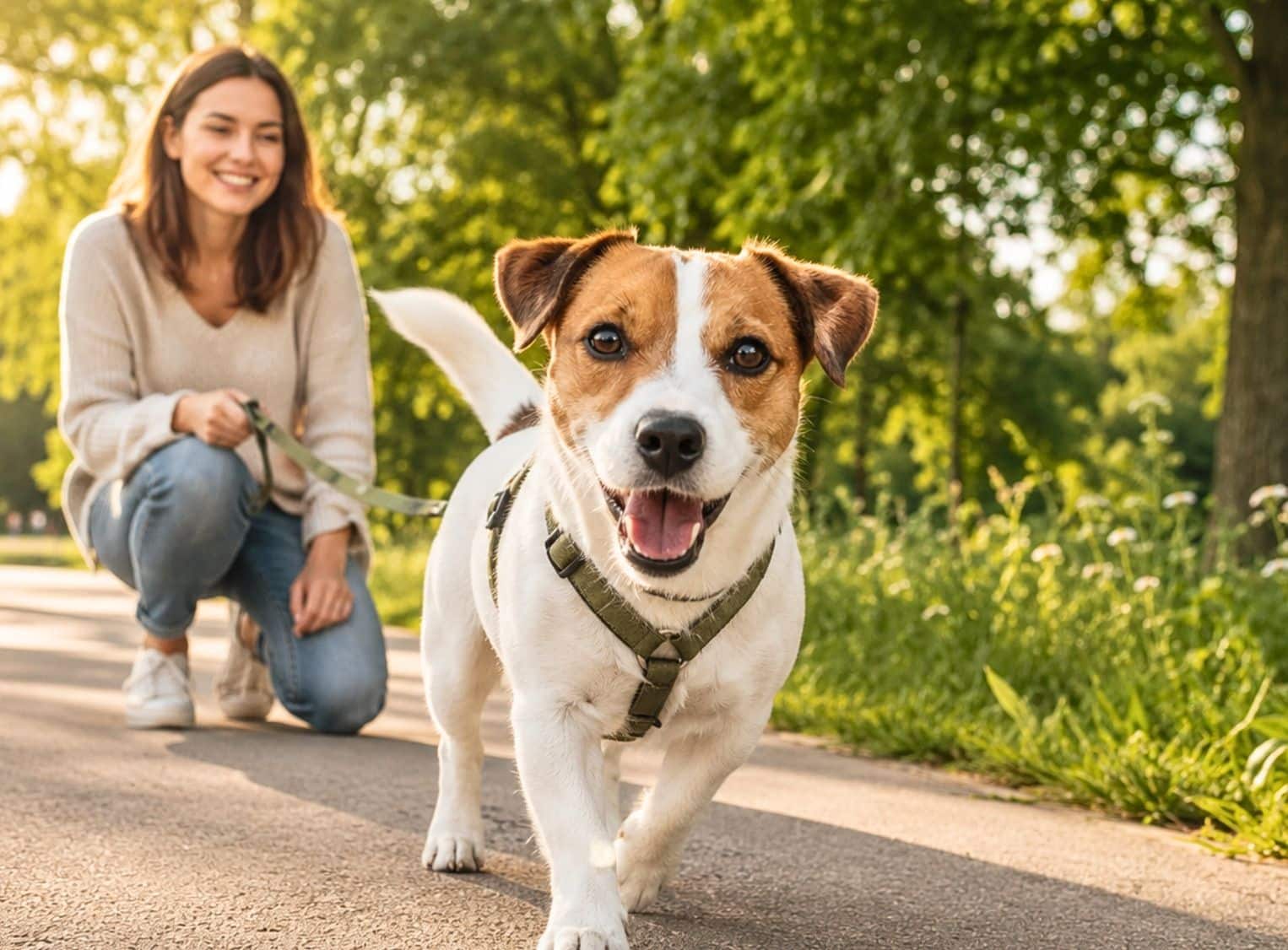 Frau mit Hund im Park – HanseMerkur Hundeversicherung über HM Tierversicherung