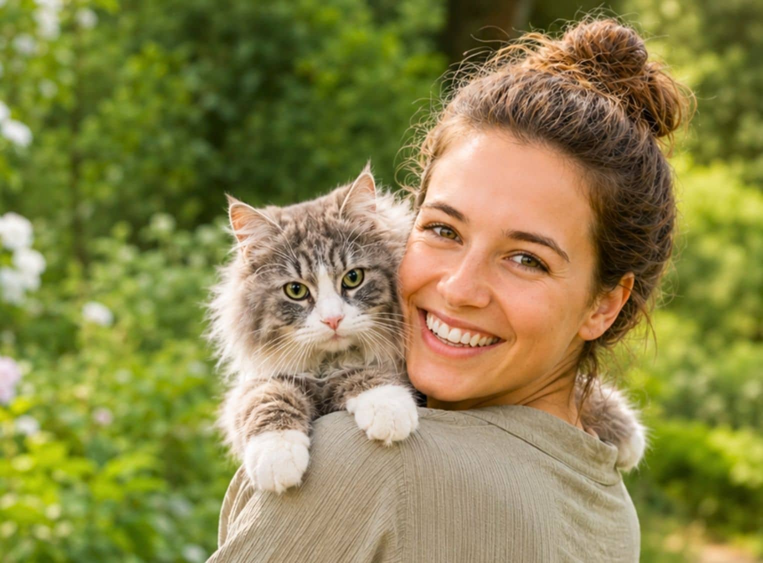 Frau mit Katze zur Katzenkrankenversicherung der HanseMerkur über HM Tierversicherung