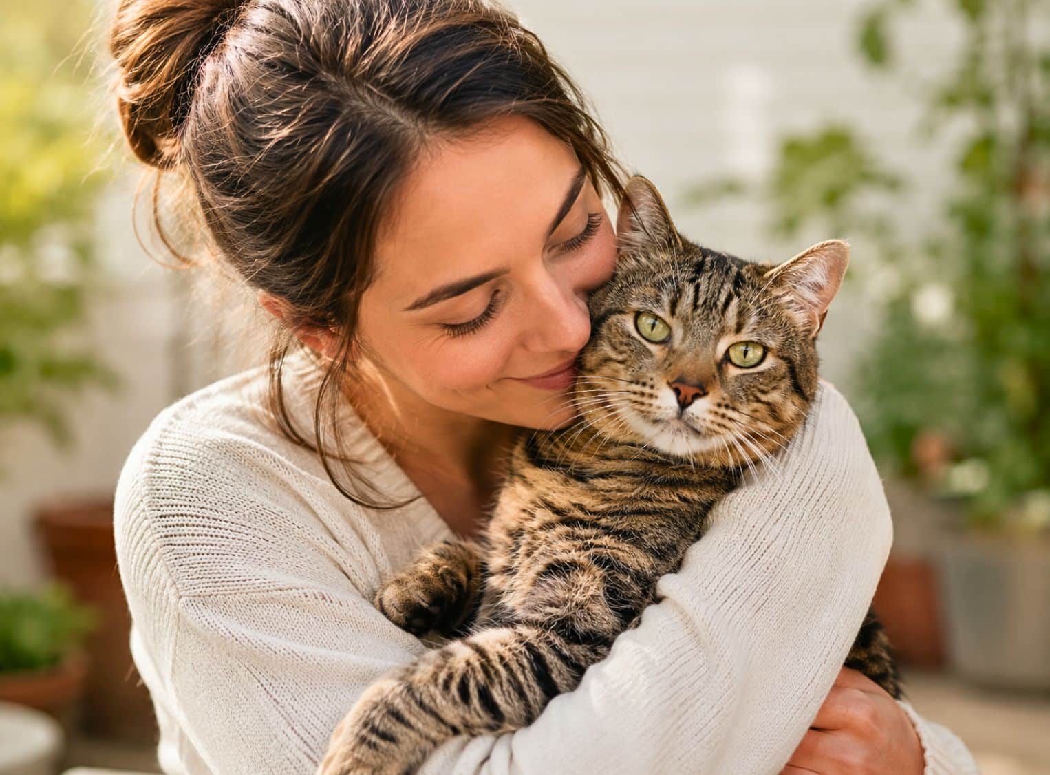 Katzenhalterin umarmt ihre Katze – HanseMerkur Katzenversicherung über HM Tierversicherung