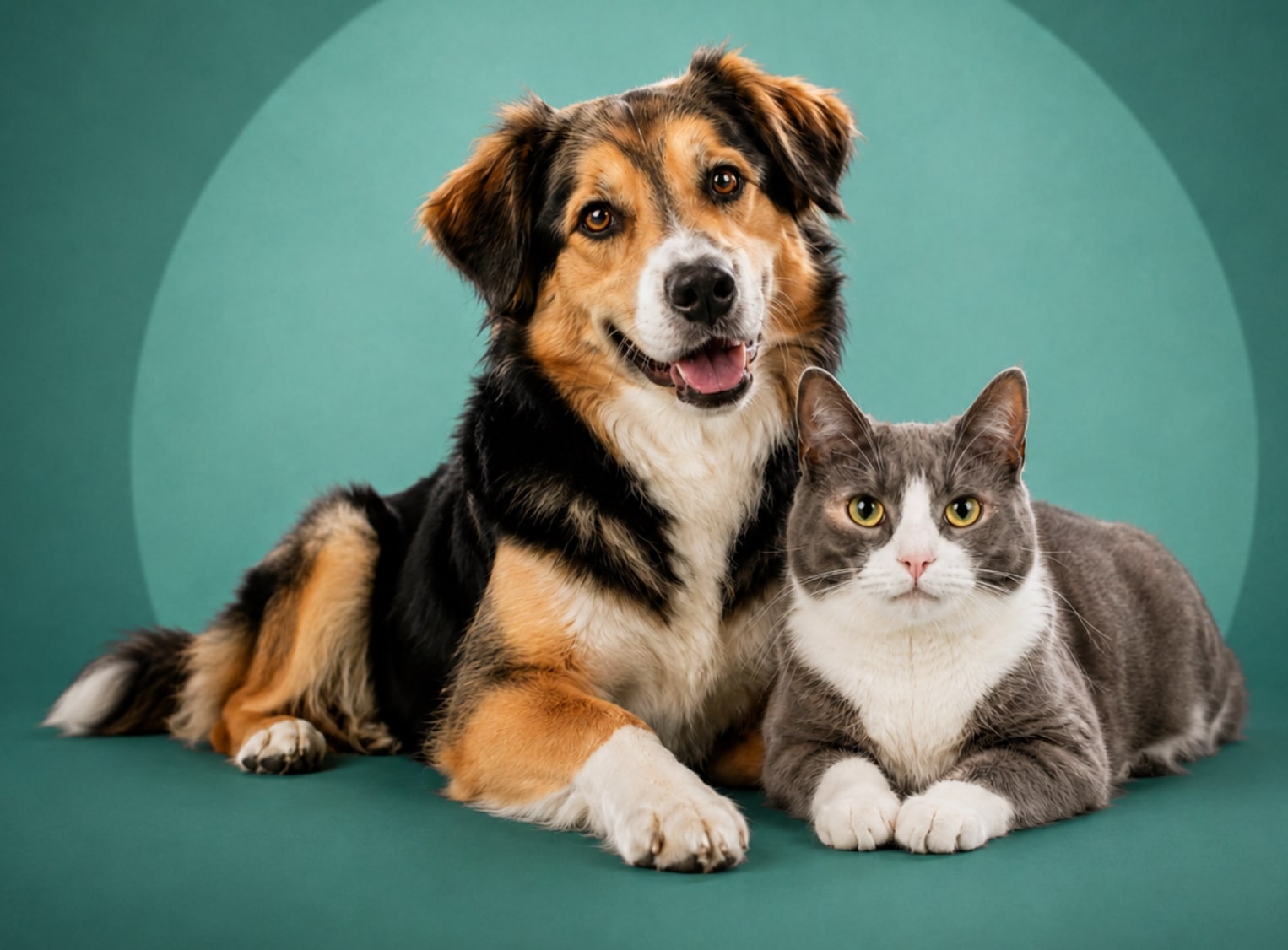 Hund und Katze vor türkisem Hintergrund zur Service-Card von HM Tierversicherung