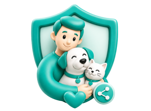 Illustration eines Tierfreundes mit Hund und Katze vor einem Schutzschild als Symbol für das HM-Tierfreunde-Empfehlungsprogramm der HanseMerkur Tierversicherung