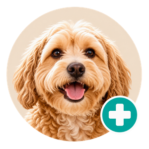 Hundeporträt mit Plus-Symbol für die HanseMerkur Hundekrankenversicherung bei HM Tierversicherung