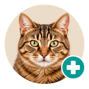 Katzenporträt mit Plus-Symbol für die HanseMerkur Katzenkrankenversicherung bei HM Tierversicherung